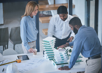 Aufkleber - Architecture, collaboration and planning with an architect, engineer and builder meeting and discussing 3d building design or model. Teamwork and design by men and woman planning construction project