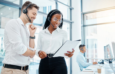 Aufkleber - Call center, telemarketing and about us CRM consultants reading faq and qa training manual in a modern office. Collaboration, teamwork and diversity with man and woman at a customer support agency