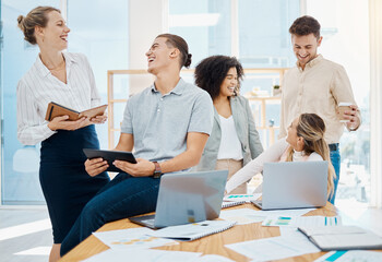 Poster - Funny business people, laughing group of designers and cheerful creative office team making jokes together in startup agency. Collaboration, diversity and success of smile, comedy and happy employees