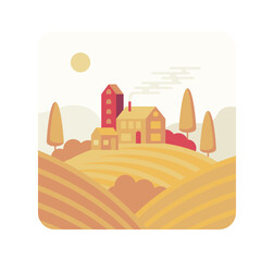 Farm among the fields, vector cartoon illustration in flat stile