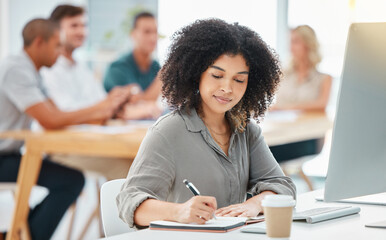 Poster - Business woman writing marketing strategy in notebook, doing checklist for startup and working in an office at work. Black employee, manager and corporate worker planning a creative idea