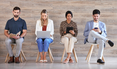 Aufkleber - Business people waiting at interview or recruitment for work in a line, networking on tablet, cellphone and planning in a office together. Corporate employee, worker and professional at job center