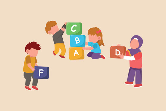 Kids play and put letters puzzle together. Learning together concept. Colored flat graphic vector illustration isolated.