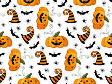 Halloween Seamless Pattern. Black Orange Backdrop. Pumpkins, Witch Hat, Bat, Spider. Bright Cartoon Pattern For Halloween. Repeated Vector Background For Textile, Paper, Wallpaper, Packaging.