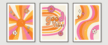 Collection Of 70s Wall Art Background Vector. Set Of Retro Wall Decoration, Groovy, Flowers, Colorful, Fonts, Sunshine. Vintage Hippie Poster For Interior, Decorative, Banner, Cover, Wall Design.