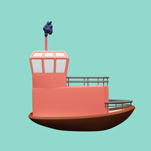 Red Ship Boat 3D Illustration On Green Background.