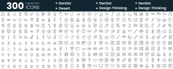 Set of 300 thin line icons set. In this bundle include dentist, desert, design thinking