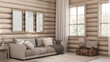 Bleached wooden farmhouse log cabin in beige tones. Fabric sofa, carpet and windows. Frame mockup, rustic interior design