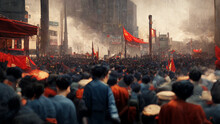 Chinese Cultural Revolution. Huge Protest March, Demonstration In China. Thousands Of People