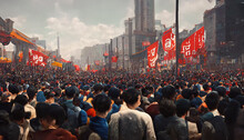 Chinese Cultural Revolution. Huge Protest March, Demonstration In China. Thousands Of People