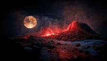Volcano With Red Glowing Magma In A Crater Under A Starry Sky With A Full Moon.