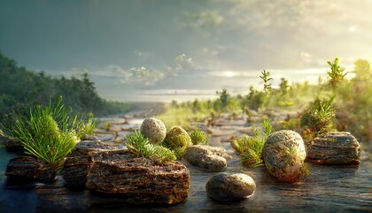 Wall Mural - Landscape with a forest and a river bank under a blue sky with white clouds.