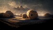 Night landscape of a field with hay bales under the night sky.