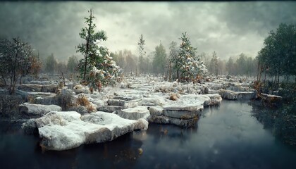 Sticker - Snow in the winter forest with a frozen pond.