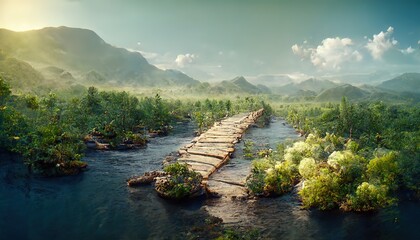 Canvas Print - Landscape of a forest with a pond, a wooden bridge and mountains under a sky with fluffy clouds.