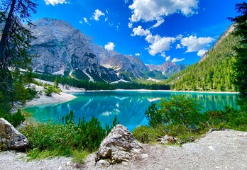 Wall Mural - beautiful emerald lake of Braies in the Italian Alps mountains