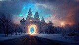 Magical portal with a fairy tale castle in blue light in winter.