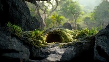 Jungle Cave Entrance, Rocks With Green Trees, Grass, Moss And Hanging Vines.