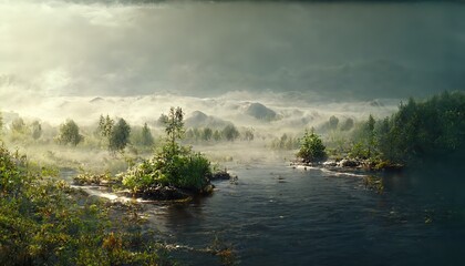 Sticker - Summer landscape with a forest on the banks of the river in the fog.