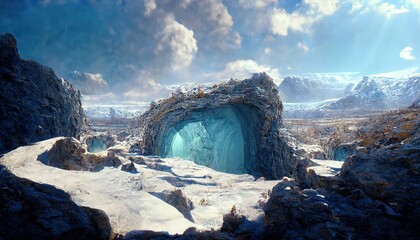 Poster - Cave in mountains with snow and rocks under blue clear sky.