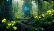 Portal door with blue neon in trees tunnel in virgin forest
