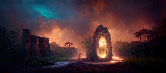 Wall Mural - evacuation portal in stone arch in burning jungles at night