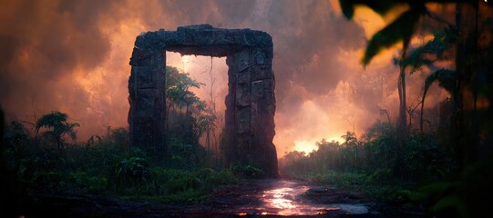 Ancient weathered gate against large fire in night jungles