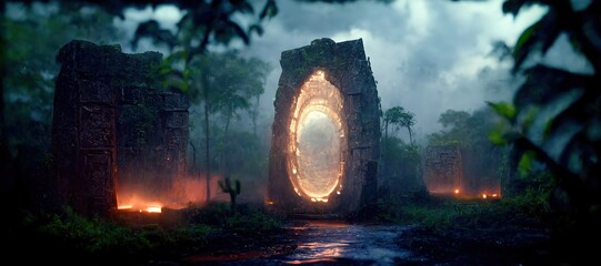 Wall Mural - glowing stone portal and temple ruins in dusk rainforest