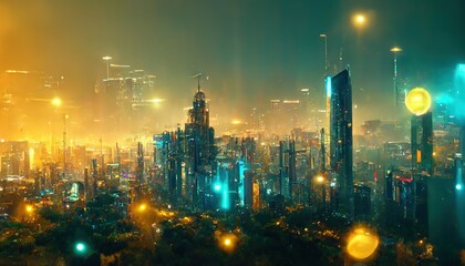 Aufkleber - Large city with skyscrapers in yellow lights at night