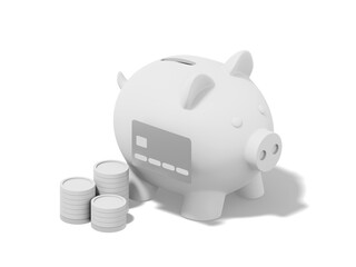 Poster - Accumulation of savings icon. 3D rendering. White piggy bank with stacks of coins, credit card on white background.