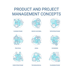 Wall Mural - Product and project management turquoise concept icons set. From producing to promotion idea thin line color illustrations. Isolated symbols. Editable stroke. Roboto-Medium, Myriad Pro-Bold fonts used