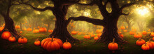Halloween Pumpkins Are Lying In The Forest Under The Trees. Panorama Of A Fabulous Forest On The Eve Of Halloween. 3d Illustration