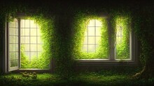 Windows Of Empty Abandoned House Palace Overgrown With Vegetation, Ivy And Vines From Inside. Magical Fabulous House Windows In Room. Building Is Captured By Nature And Vegetation. 3d Illustration