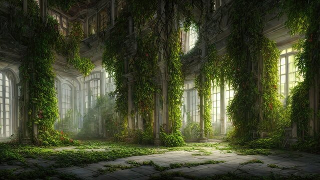 Fototapete - Abandoned palace castle overgrown with vegetation, ivy and vines. Empty atrium halls, no one around. Building is captured by nature and vegetation. 3d illustration
