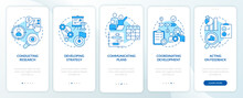 Product Management Blue Onboarding Mobile App Screen. Business Walkthrough 5 Steps Editable Graphic Instructions With Linear Concepts. UI, UX, GUI Template. Myriad Pro-Bold, Regular Fonts Used