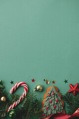 merry christmas! christmas flat lay. stylish christmas border with festive decorations, confetti,coo