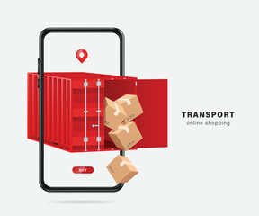 Sticker - Several brown parcel boxes fall from red containers and have shipping pin for customer on top and all pop up on smartphone screen,vector 3d isolated for logistic,delivery and online shopping concept