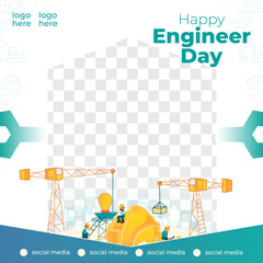 Wall Mural - SOCIAL MEDIA POST GREETING CARD ENGINEER DAY DESIGN WITH TEAM WORK CHARACTER AND BUILDING 