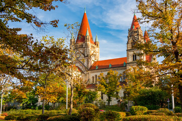 Poster - St. Francis of Assisi church in autumn, Vienna, Austria