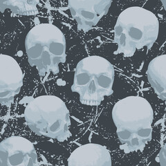 Wall Mural - Seamless pattern with sinister human skulls in cobweb. Monochrome vector background with realistic skulls and paint spots in grunge style. Graphic print for wallpaper, wrapping paper, fabric, clothing