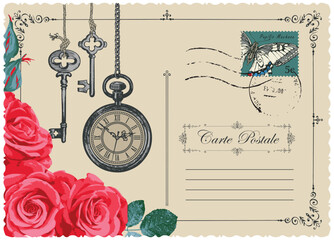 Vintage postcard with beautiful roses, hanging clock, old keys and postage stamp with butterfly. Romantic vector greeting card in vintage style with place for text and postmark in frame with curls