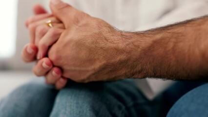 Wall Mural - Love, holding hands and a couple support and care for each other on sofa in living room or in counseling for marriage. Help, strength and hope, a man and woman working on trust in therapy together.