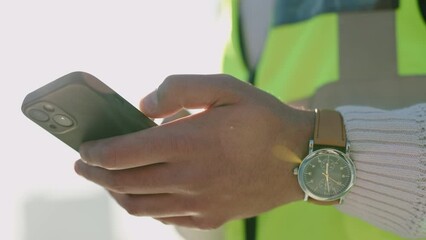 Poster - Building man, hands or phone for construction worker, engineering and architect with property vision. Zoom on industrial employee with real estate architecture design and idea on 5g mobile technology