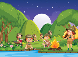 Wall Mural - Children camping out forest scene