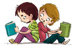 Illustration of children sitting together while reading books