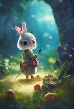 Little Cute Bunny Adventurer In Fantasy Plant Clothes 