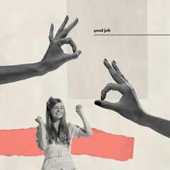 Contemporary art collage. Happy and cheerful woman celebrating successful job. Hands showing gesture of approval - Ok