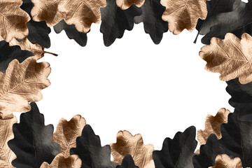 Wall Mural - black and gold hand painted oak leaves border frame on a white isolated background with copy space