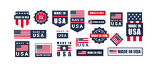 Made In USA Label Set. Made In USA Stamp. Big Set Of Label, Stickers, Pointer, Badge, Symbol And Page Curl With American Flag Icon On Design Element.