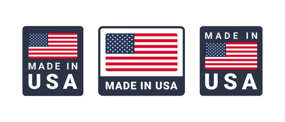 Made in USA label set. Made in USA stamp. Big set of label, stickers, pointer, badge, symbol and page curl with American flag icon on design element.